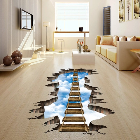 Pegatina de Pared 3D Realista Puente de Madera Cielo Calcomanía de Suelo Impermeable PVC Para Sala Dormitorio Decoración