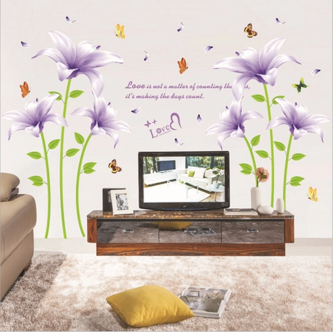 Adesivi Murali Romantici Con Gigli Viola E Farfalle Decalcomanie In PVC Rimovibili Per Decorazione Parete Camera Da Letto Soggiorno