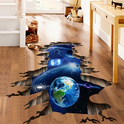 3D Galaxy Outer Space Broken Wall Floor Sticker Removable PVC Planet Earth Starry Sky Decor For Living Room Bedroom Office