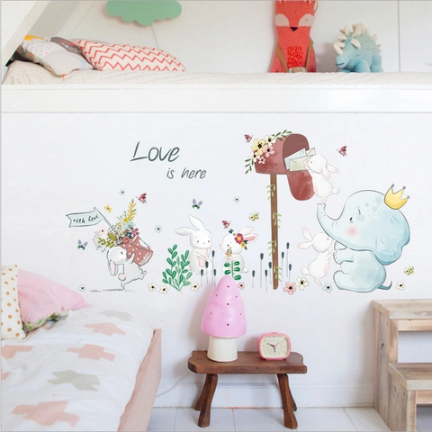 Adesivo da Parete Cartone Animato Elefante Coniglio per Cameretta Bambini Impermeabile PVC Acquerello Animale Fiore Adesivo Murale