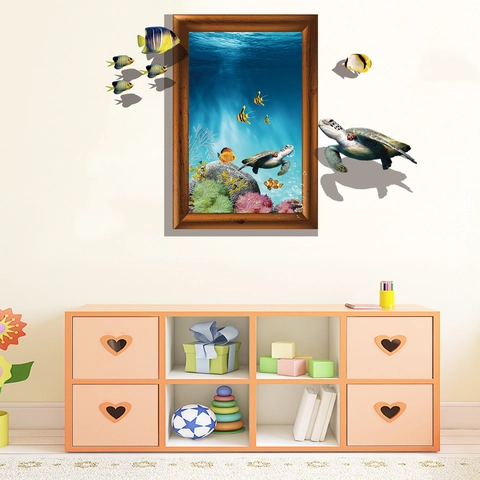 3D Onderwaterwereld Oceaan Zeeschildpad Tropische Vis Muursticker PVC Waterdicht Vals Venster Uitzicht Muurschildering