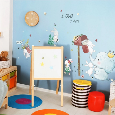 Adesivo da Parete Cartone Animato Elefante Coniglio per Cameretta Bambini Impermeabile PVC Acquerello Animale Fiore Adesivo Murale