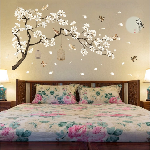 Chinesischer Stil Magnolienblume Vogel Wandaufkleber PVC Wasserdicht Abnehmbar Aufkleber Für Wohnzimmer Schlafzimmer Deko