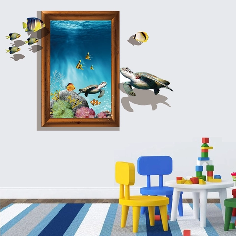 3D Onderwaterwereld Oceaan Zeeschildpad Tropische Vis Muursticker PVC Waterdicht Vals Venster Uitzicht Muurschildering