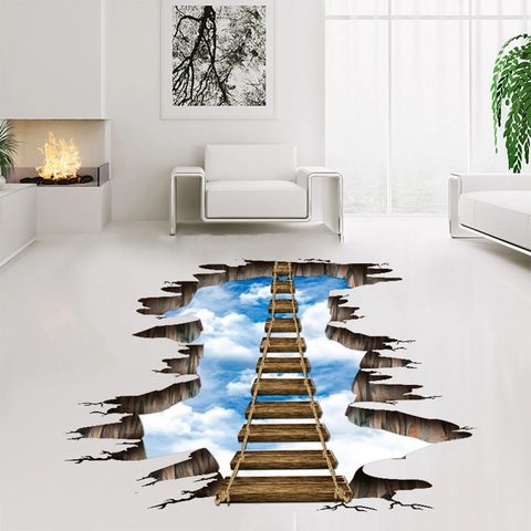 Pegatina de Pared 3D Realista Puente de Madera Cielo Calcomanía de Suelo Impermeable PVC Para Sala Dormitorio Decoración