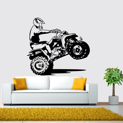 Sticker Mural Silhouette de VTT en PVC Noir Moderne Autocollant de Moto Tout-Terrain Imperméable et Amovible pour Salon Maison Sport