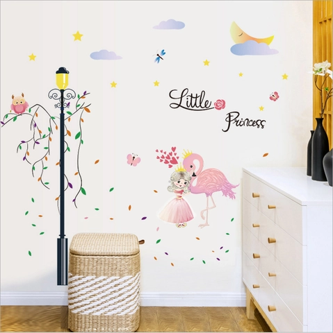 Cartoon Little Princess Flamingo Street Lamp Wall Sticker PVC Removable DIY Wall Decal For Kids Bedroom Nursery Decor