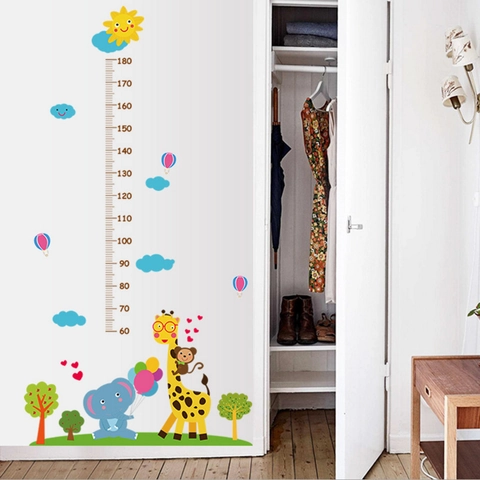 Pegatina de Pared de Gráfico de Crecimiento de Altura de Animales de Dibujos Animados Jirafa Elefante PVC Impermeable