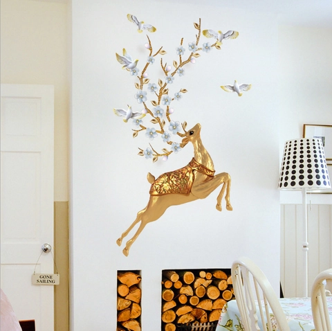 Pegatina de Pared Alce Dorado Nórdico Mural Decorativo PVC para Sala de Estar Dormitorio Fondo TV Moderno Flores Decoración