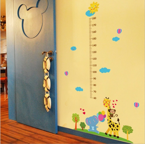 Pegatina de Pared de Gráfico de Crecimiento de Altura de Animales de Dibujos Animados Jirafa Elefante PVC Impermeable
