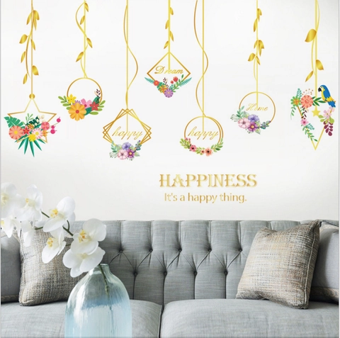 Nordic Golden Geometric Flower Basket Parrot Wall Sticker Removable PVC Decorative Decal For Living Room Bedroom Home Decor