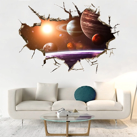 3D Gebrochene Wand Weltraum Galaxie Wandaufkleber PVC Wasserdicht Planet Universum Sternenhimmel Dekor Für Wohnzimmer Kinderzimmer