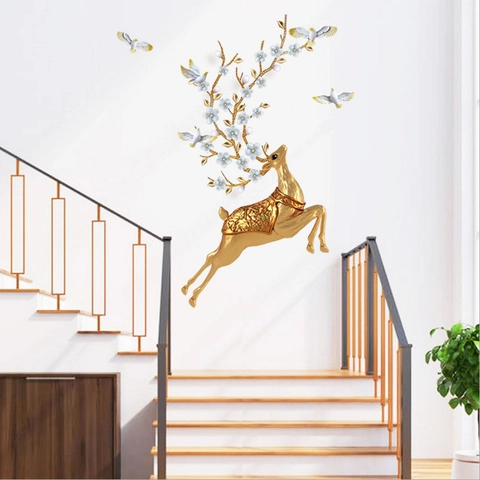 Pegatina de Pared Alce Dorado Nórdico Mural Decorativo PVC para Sala de Estar Dormitorio Fondo TV Moderno Flores Decoración