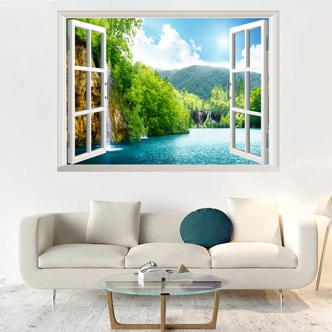 Adhesivo De Pared 3D Ventana Falsa Paisaje Naturaleza Bosque Cascada Vista Al Lago Impermeable PVC Decoración Del Hogar