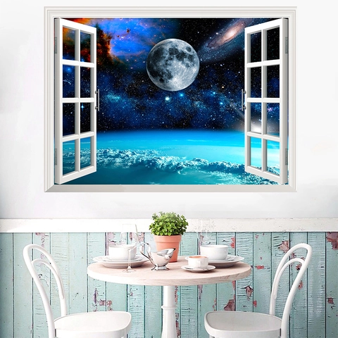 Pegatina de Pared 3D Ventana Falsa Cielo Estrellado Luna Removible PVC Impermeable Espacio Galaxia Nebulosa Decoración Hogar