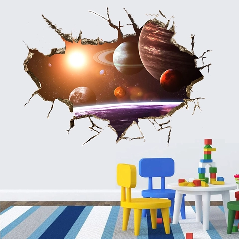 3D Gebrochene Wand Weltraum Galaxie Wandaufkleber PVC Wasserdicht Planet Universum Sternenhimmel Dekor Für Wohnzimmer Kinderzimmer