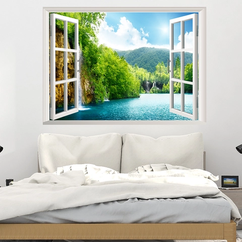 Adhesivo De Pared 3D Ventana Falsa Paisaje Naturaleza Bosque Cascada Vista Al Lago Impermeable PVC Decoración Del Hogar