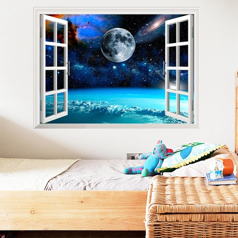 Pegatina de Pared 3D Ventana Falsa Cielo Estrellado Luna Removible PVC Impermeable Espacio Galaxia Nebulosa Decoración Hogar