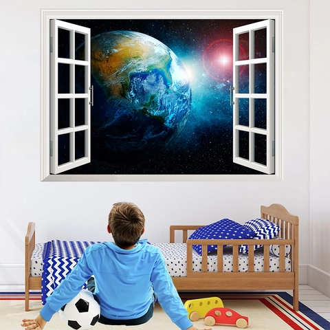Vinilo de Pared 3D Ventana Galaxia Espacio Tierra Calcomanía de PVC Removible para Sala de Estar Dormitorio Oficina Hogar
