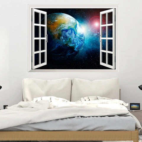 Vinilo de Pared 3D Ventana Galaxia Espacio Tierra Calcomanía de PVC Removible para Sala de Estar Dormitorio Oficina Hogar