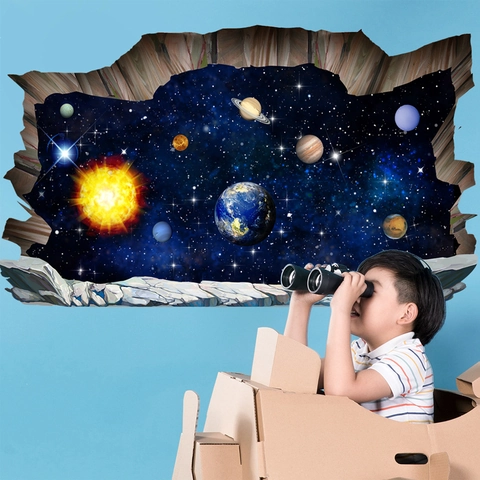 3D Universe Planet Wall Stickers Galaxy Outer Space Broken Wall Decorative Mural Removable Waterproof PVC Art For Kids Room Bedroom Home Decor