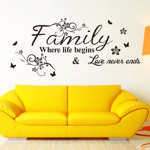 Family Where Life Begins Love Never Ends Adesivo da Parete Nero PVC Citazione Farfalle Vite Intagliato Arredo Casa Soggiorno