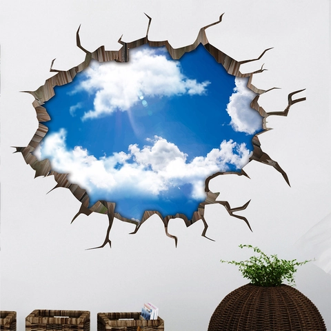 Vinilo de Pared 3D Pared Rota Cielo Azul Nubes Blancas Removible Impermeable PVC Mural Decorativo para Sala de Estar Dormitorio