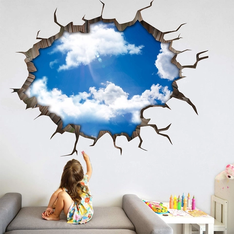 Vinilo de Pared 3D Pared Rota Cielo Azul Nubes Blancas Removible Impermeable PVC Mural Decorativo para Sala de Estar Dormitorio