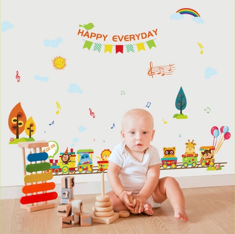 Cartoon Tierzug Wandaufkleber Für Kinderzimmer Kindergarten Deko PVC Wasserdicht Abnehmbar Happy Everyday Regenbogen Sonne