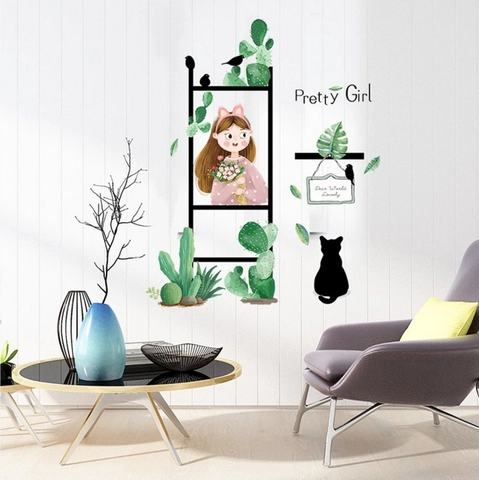Adesivi Murali PVC Rimovibili Ragazza Fiori Cactus Gatto Nero Impermeabile Decalcomanie da Parete Nordic per Decorazione Casa