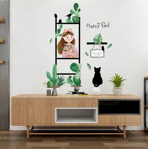 Adesivi Murali PVC Rimovibili Ragazza Fiori Cactus Gatto Nero Impermeabile Decalcomanie da Parete Nordic per Decorazione Casa