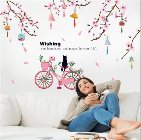 Romantic Peach Blossom Bicycle Cat PVC Wall Sticker Waterproof Removable Decals For Living Room Bedroom Kitchen Decor