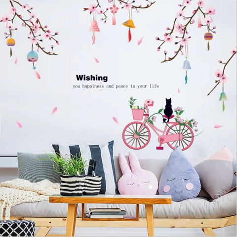 Romantic Peach Blossom Bicycle Cat PVC Wall Sticker Waterproof Removable Decals For Living Room Bedroom Kitchen Decor