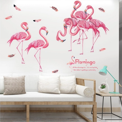 Pink Flamingo Wall Stickers Removable PVC Watercolor Feather Pattern Wall Decals With Inspirational Quotes For Home Decor