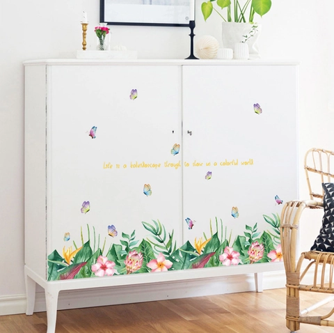 Vinilo de Pared de PVC de Flor Tropical Hibisco Mariposa Acuarela Botánica Pegatina de Ventana para Cocina Baño Decoración