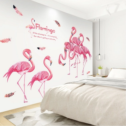 Pink Flamingo Wall Stickers Removable PVC Watercolor Feather Pattern Wall Decals With Inspirational Quotes For Home Decor