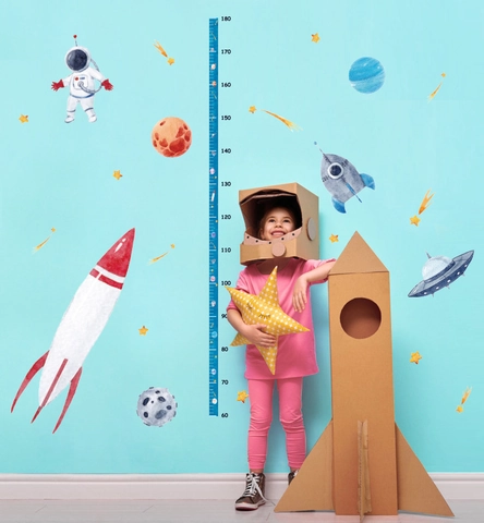 Ruimte Raket Astronaut Hoogte Groeikaart Muursticker Voor Kinderkamer PVC Waterdicht Decoratieve Muursticker