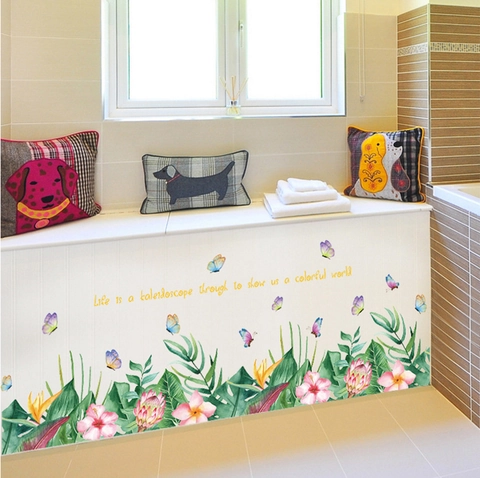Vinilo de Pared de PVC de Flor Tropical Hibisco Mariposa Acuarela Botánica Pegatina de Ventana para Cocina Baño Decoración