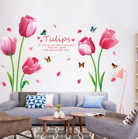 Rosa Tulpe Schmetterling Wandtattoo Abnehmbare PVC Dekorative Wandbild Für Wohnzimmer Schlafzimmer Floral Heimtextilien Wandaufkleber