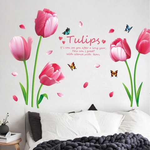 Rosa Tulpe Schmetterling Wandtattoo Abnehmbare PVC Dekorative Wandbild Für Wohnzimmer Schlafzimmer Floral Heimtextilien Wandaufkleber