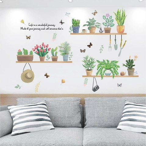 Adesivi da Parete in PVC Piante in Vaso Removibili Cactus Verde Fiore Farfalla Decalcomanie per Soggiorno Camera da Letto Casa