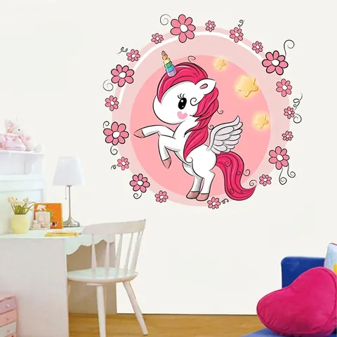 Adesivo da Parete Unicorno Fiori Rosa Cartone Animato Decalcomania PVC Impermeabile per Cameretta Bambini Camera da Letto