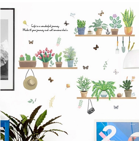 Adesivi da Parete in PVC Piante in Vaso Removibili Cactus Verde Fiore Farfalla Decalcomanie per Soggiorno Camera da Letto Casa