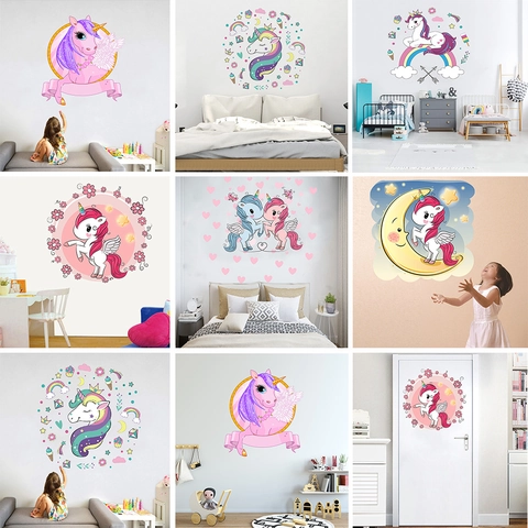 Nordic Minimalist Cartoon Unicorn Wall Stickers Pink Rainbow Stars PVC Waterproof Decals For Kids Bedroom Nursery Decor