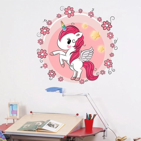 Adesivo da Parete Unicorno Fiori Rosa Cartone Animato Decalcomania PVC Impermeabile per Cameretta Bambini Camera da Letto