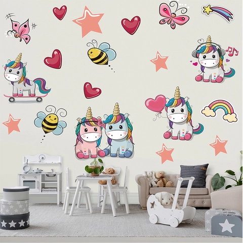 Adesivi Murali Unicorno Cartone Animato Cuore Arcobaleno Stella per Camera Bambini Arredamento Impermeabile PVC Animale Magico