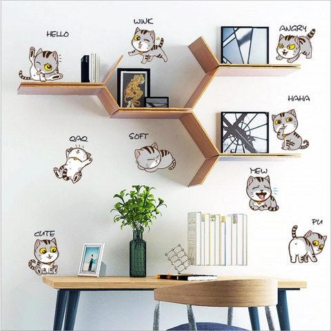 Cartoon Kat Expressie Muurstickers PVC Waterdicht Schattige Kat Emoji Decals Voor Kinderkamer Slaapkamer Woonkamer Huis Decoratie