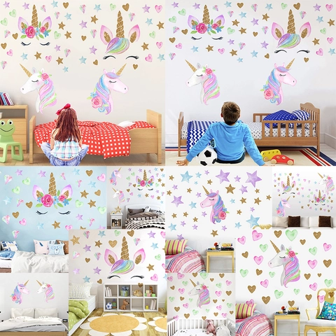Dromerige Eenhoorn Sterren Harten Muurstickers Waterdichte PVC Gouden Glitter Decals Voor Kinderkamer Slaapkamer Decoratie
