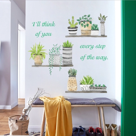 Vinilo de Pared de PVC Estilo Nórdico Plantas en Maceta Acuarela Suculentas Cactus Removible Impermeable Decoración Hogar