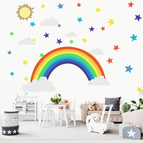 Cartoon Regenbogen Sterne Sonne Wandtattoo Für Kinderzimmer PVC Wasserdicht Selbstklebend Kindergarten Schlafzimmer Dekoration